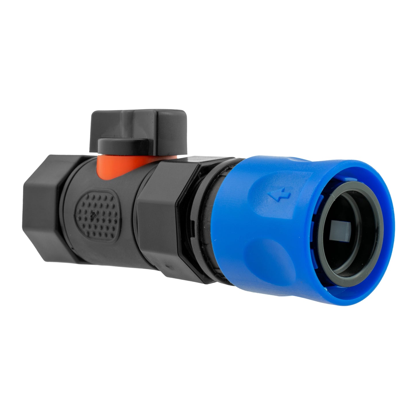 Blue hose connector with inline threaded valve, black body and orange insert