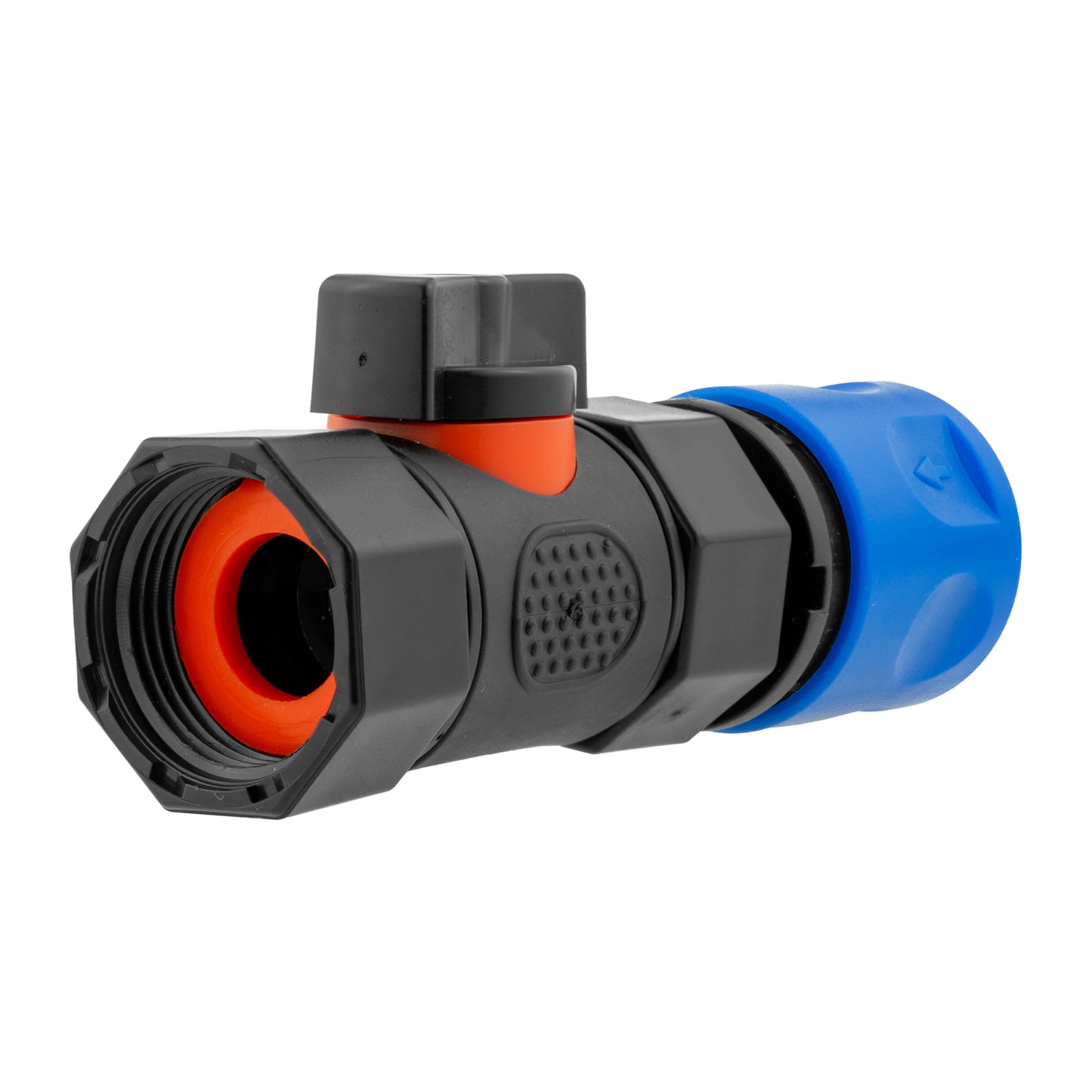 Hose connector with blue end and black threaded inlet, orange inner seal