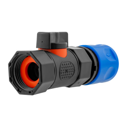 Hose connector with blue end and black threaded inlet, orange inner seal