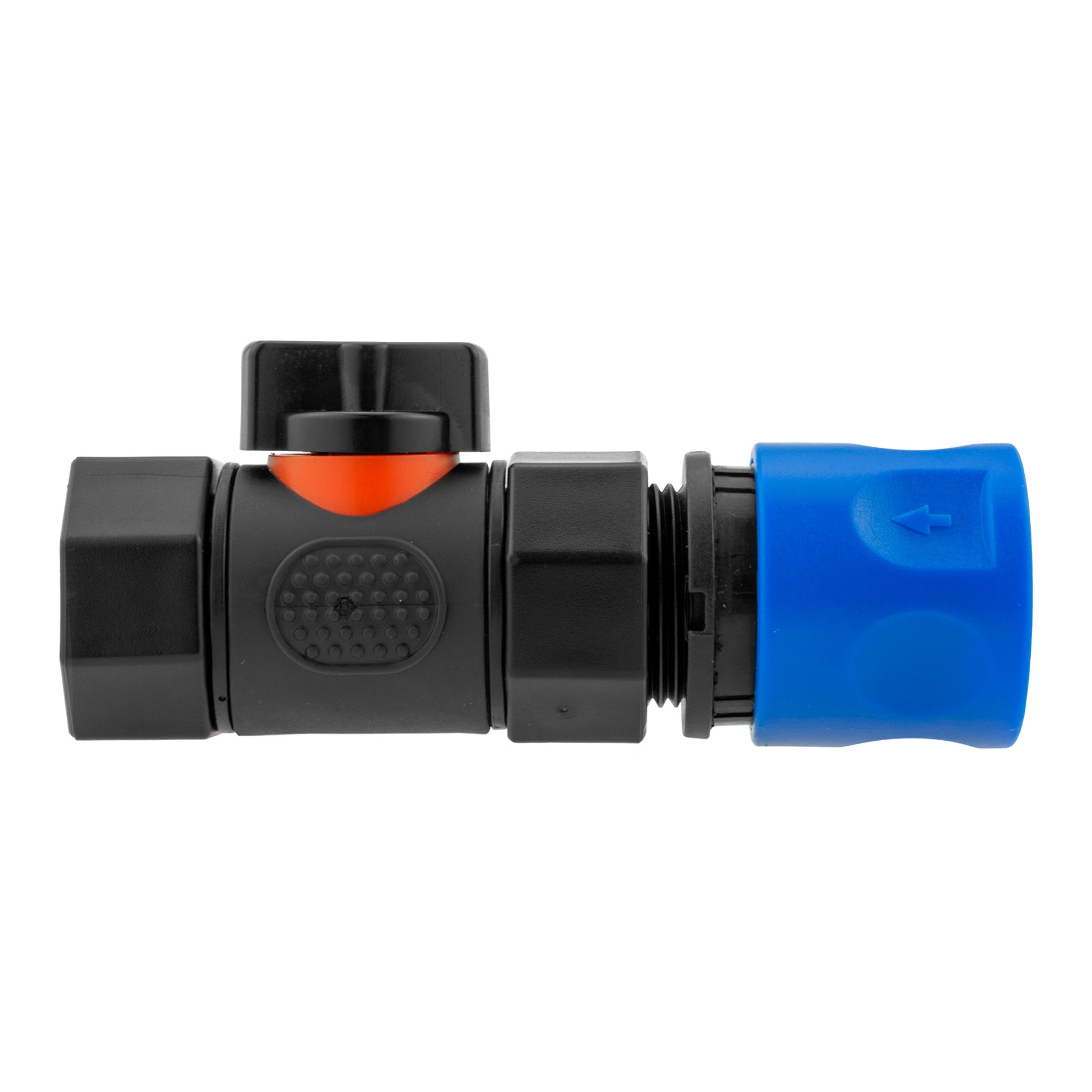 Blue hose connector with inline BSPF threaded valve and orange flow indicator
