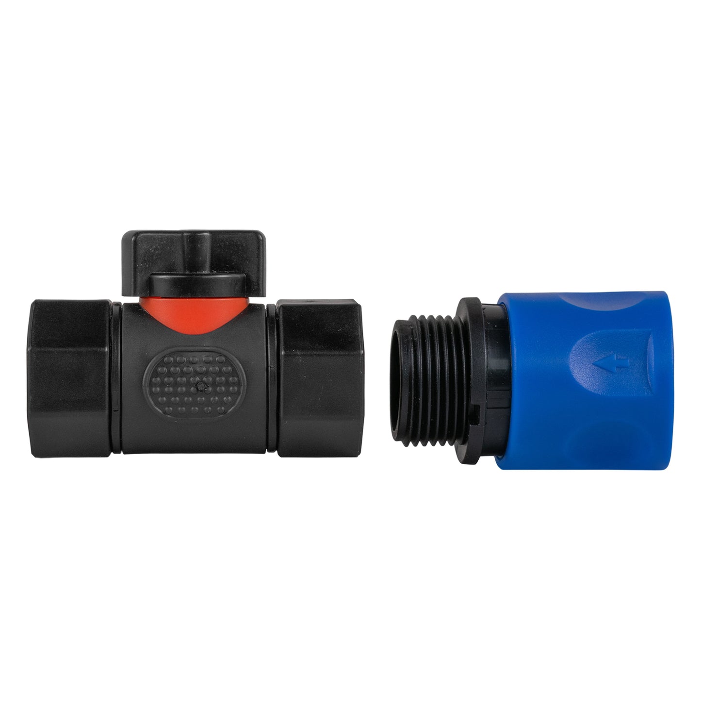 Inline hose connector with blue coupler and BSPF threaded connection on black end