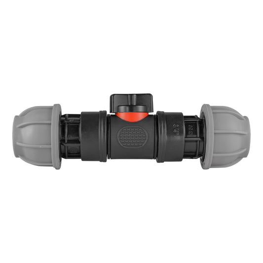 In-line BSPM valve with 2 x 20mm MDPE straight connectors, black body with red insert