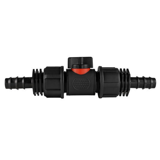 Inline BSPM valve with 2x 16mm barbed straight connectors, black body with orange insert