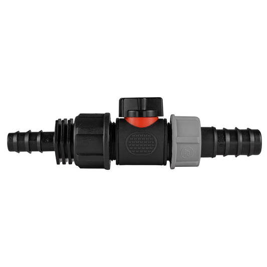 Barbed straight inline BSPM valve fitting, black body with red insert and gray BSP end