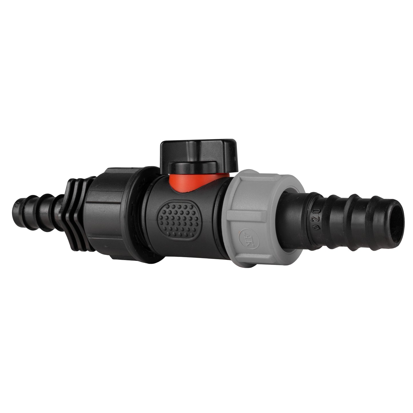 Inline BSPM barbed valve fitting with black end caps, red indicator ring, gray connector