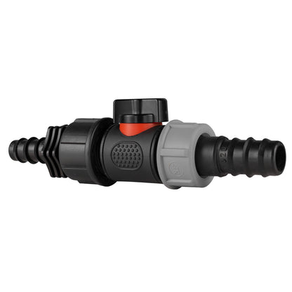 Inline BSPM barbed valve fitting with black end caps, red indicator ring, gray connector
