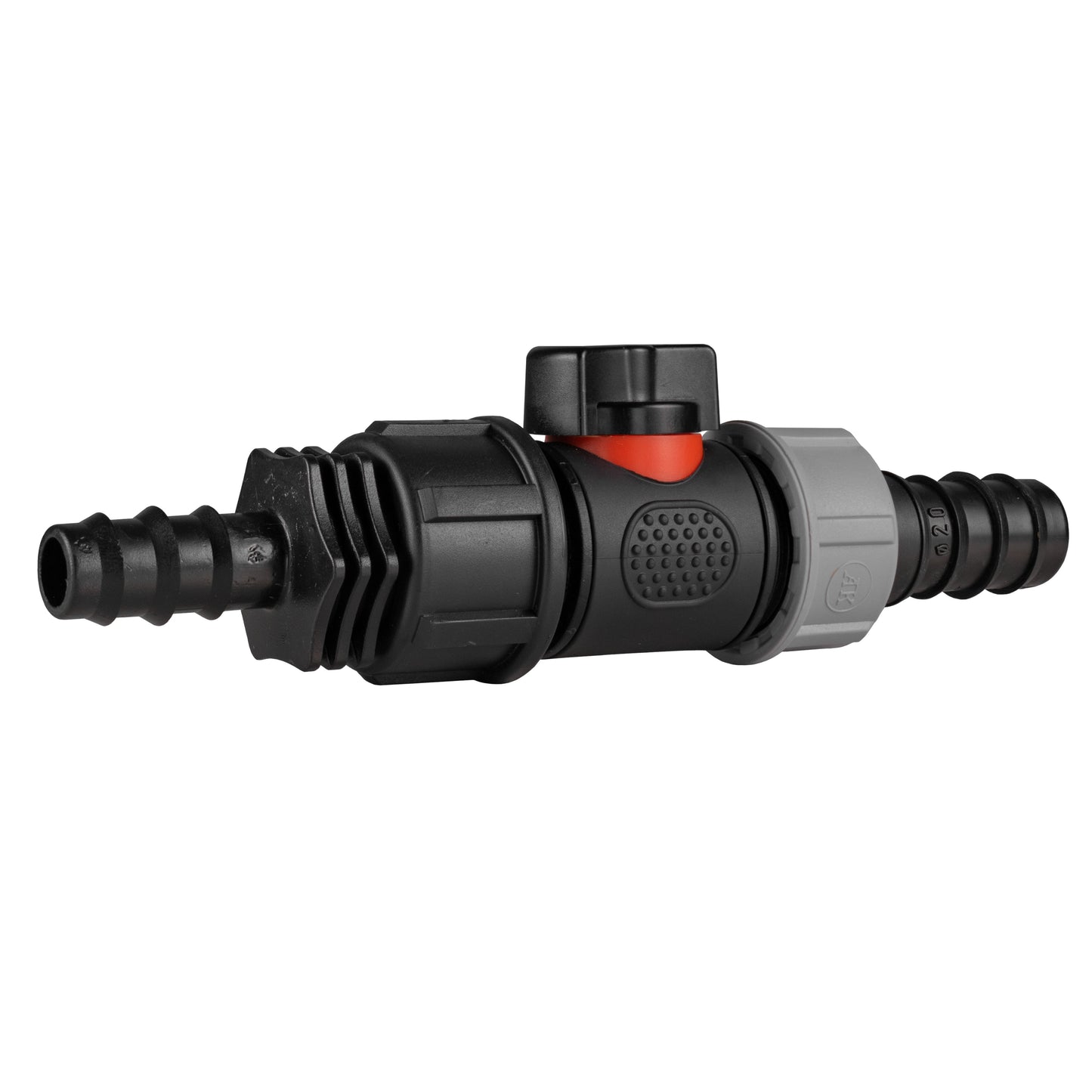 Black inline BSPM valve fitting with red insert and textured center face, barbed ends