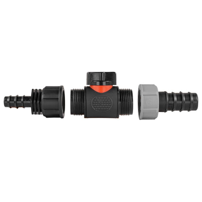 Inline BSPM valve adapter, black housing with red ring, gray BSP section and barbs