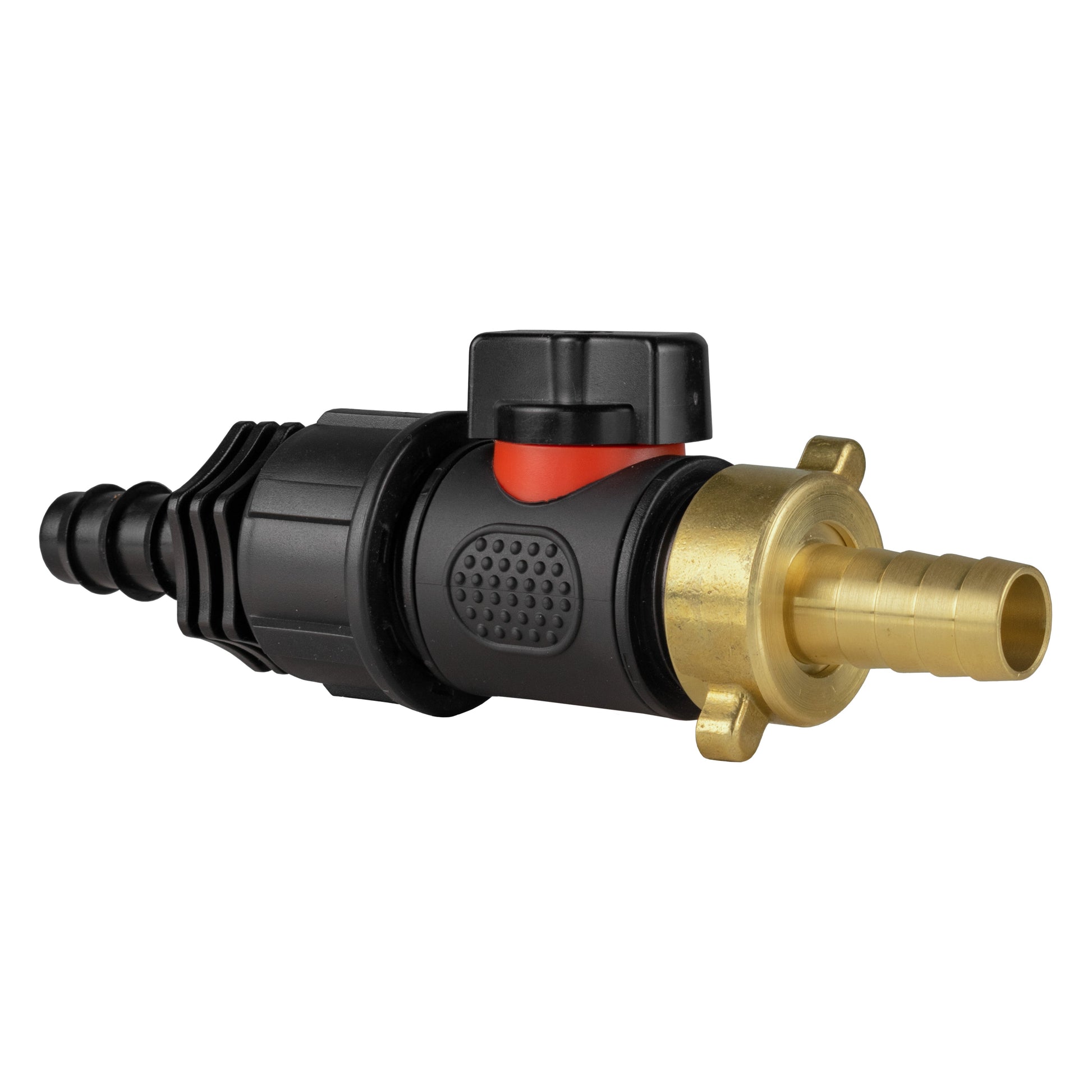 Inline BSPM valve with 13mm brass barb and black barbed hose ends