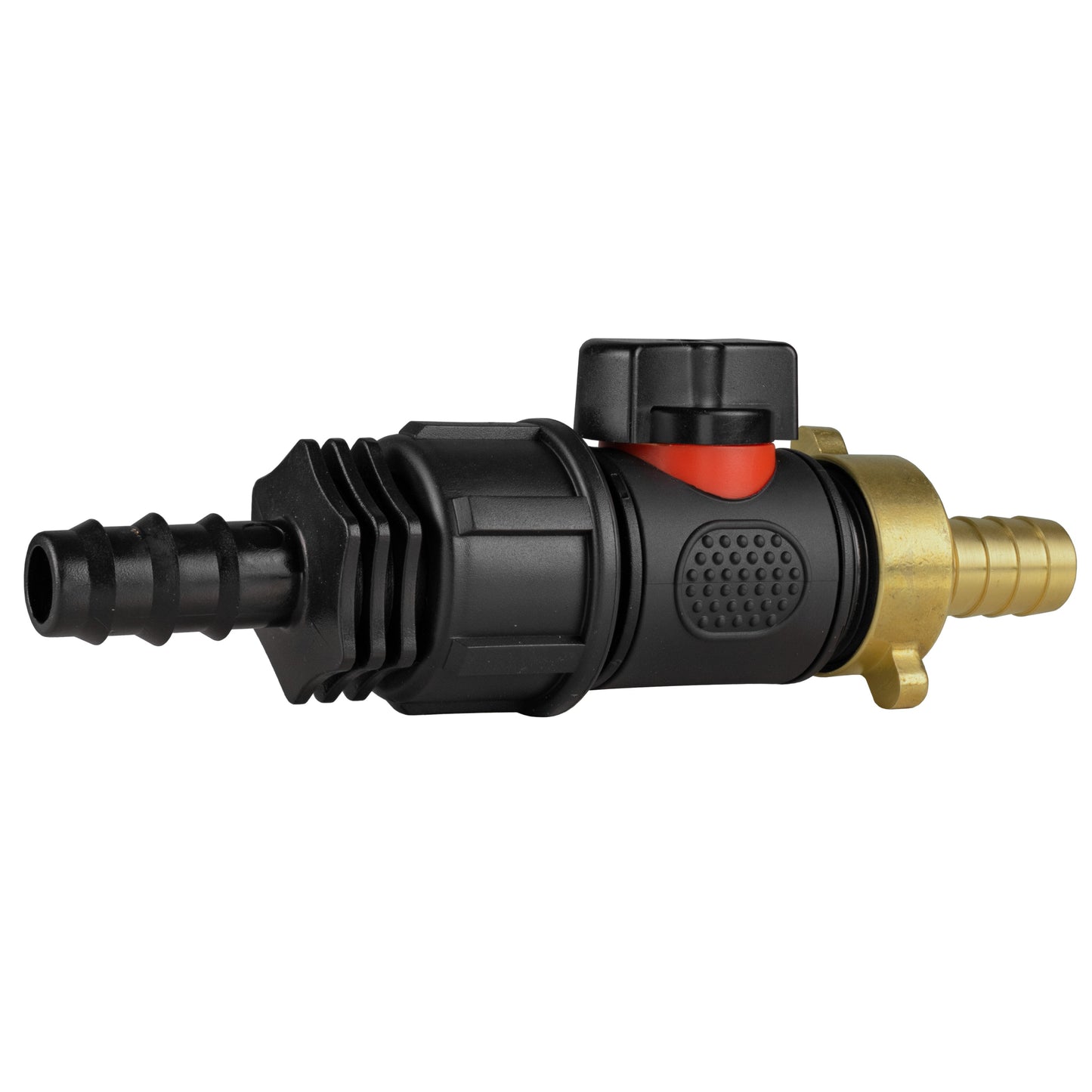 Inline BSPM valve body with red insert and black barbed hose connection, 13mm brass barb