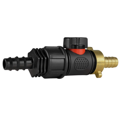 Inline BSPM valve body with red insert and black barbed hose connection, 13mm brass barb