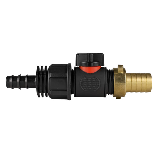 16mm barbed straight with in-line BSPM valve and 19mm brass barb ends, black body