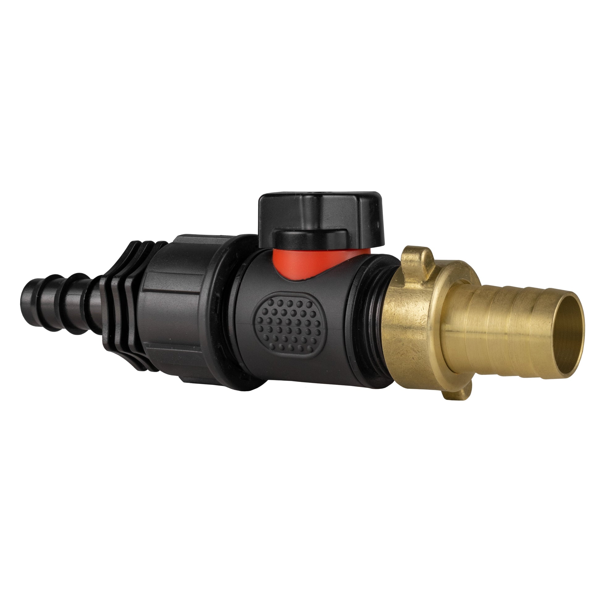 In-line BSPM valve fitting with 16mm barbed inlet and 19mm brass outlet barb