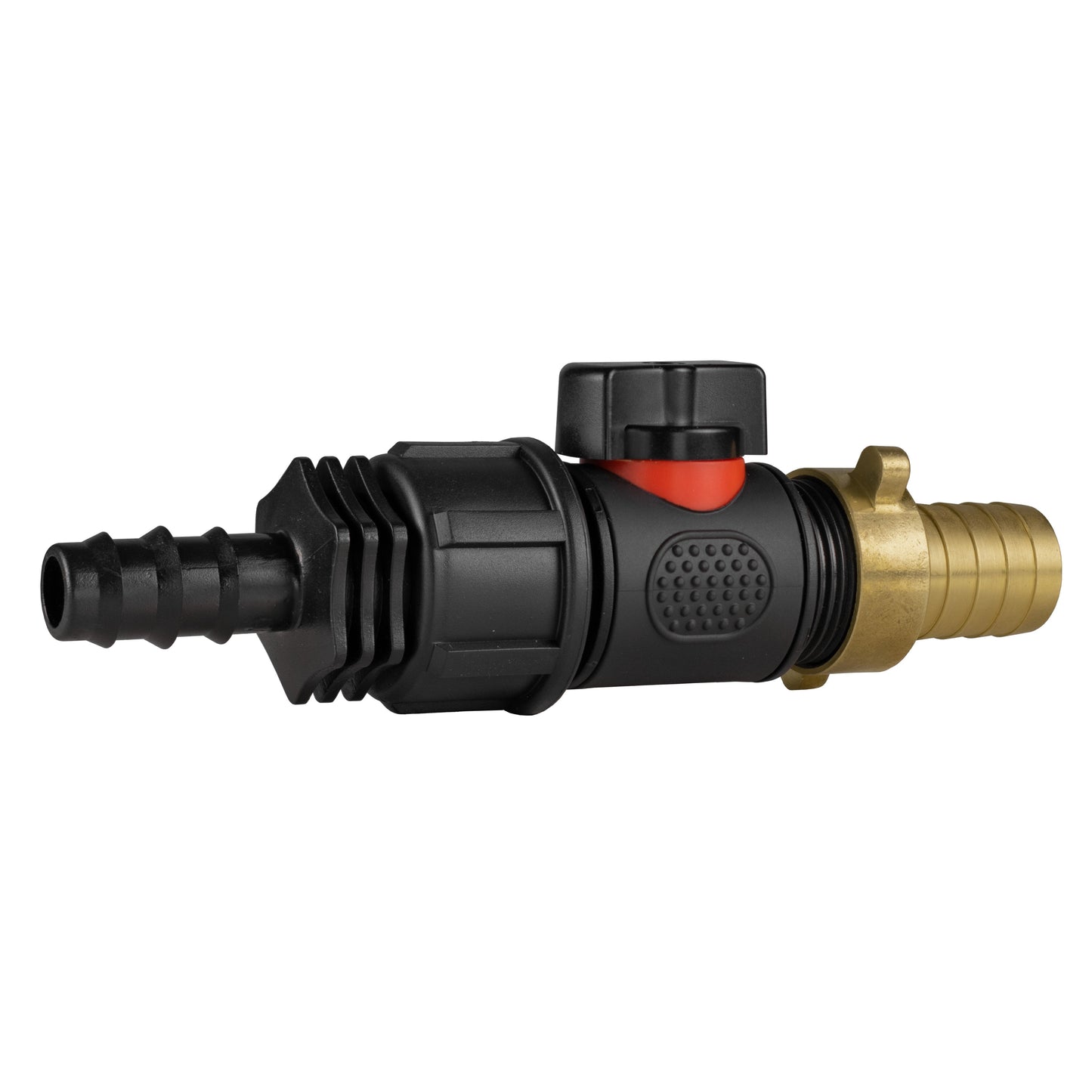 16mm barbed straight plumbing connector with in-line valve and 19mm brass barbed end