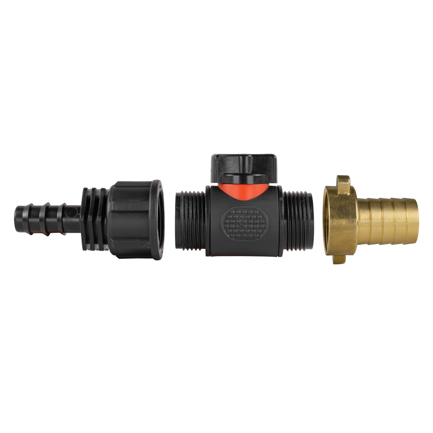 Barbed straight connector showing 16mm black tube barb and 19mm brass BSPM barb