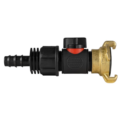 Gerader Schlauchverbinder 16mm mit Inline-Ventil und BSPM-Geka-Anschluss, schwarz/rot/gelb