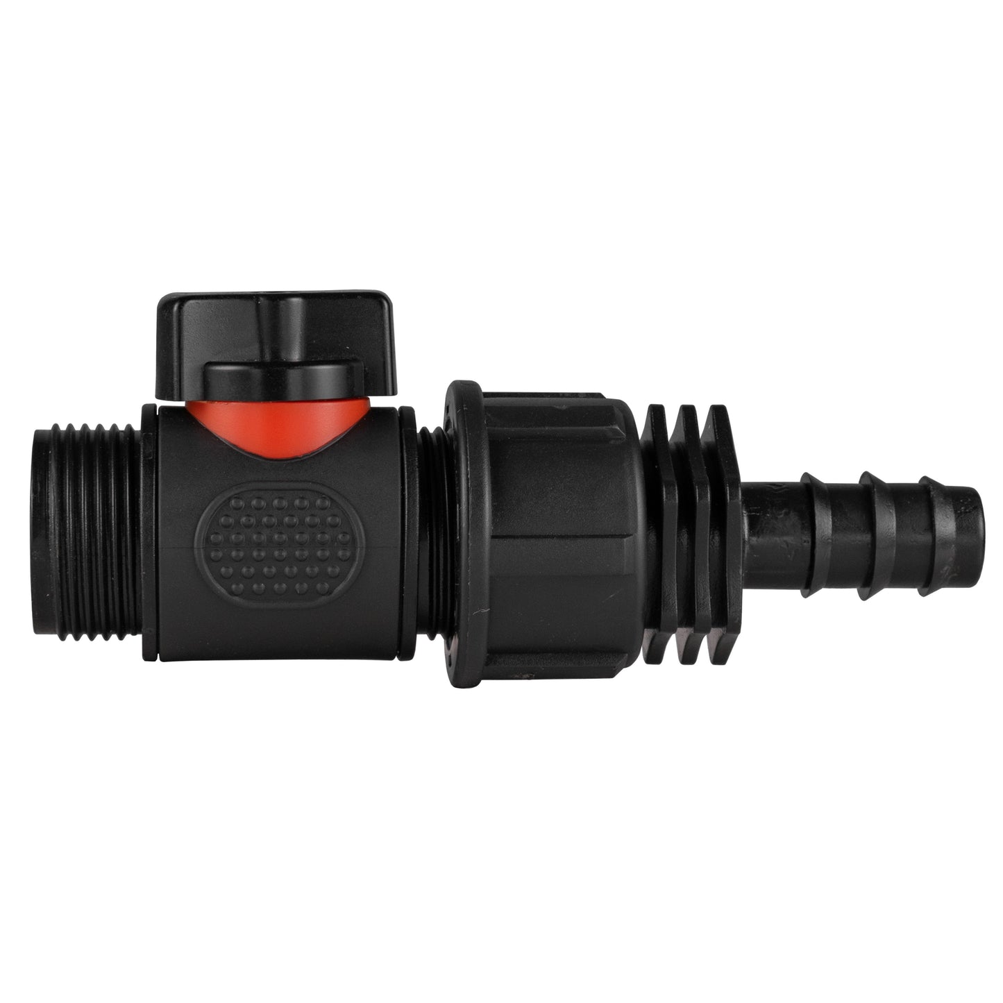 16mm straight barbed BSPP threaded valve with red cap and barbed outlet ends