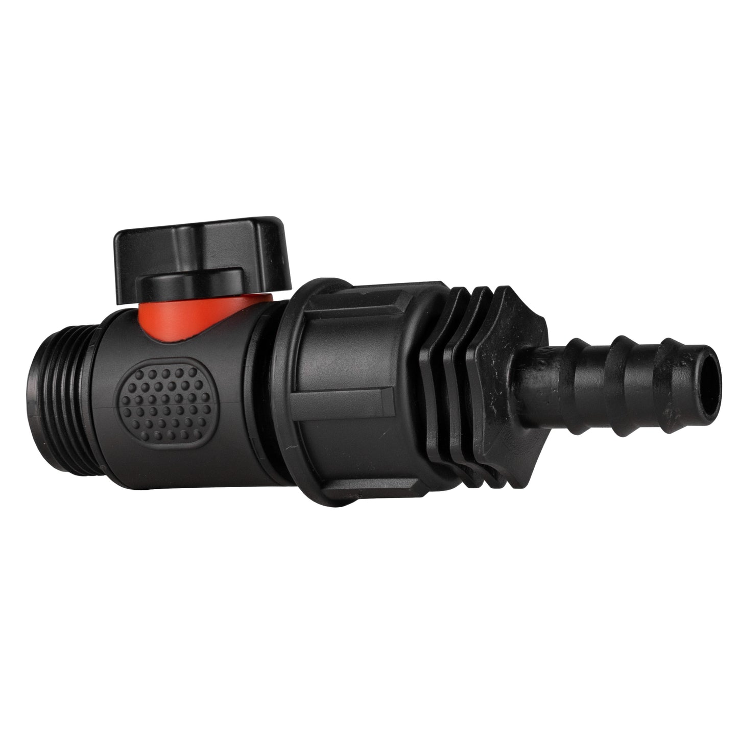 16mm straight barbed BSPP threaded valve, red indicator top and textured inspection face