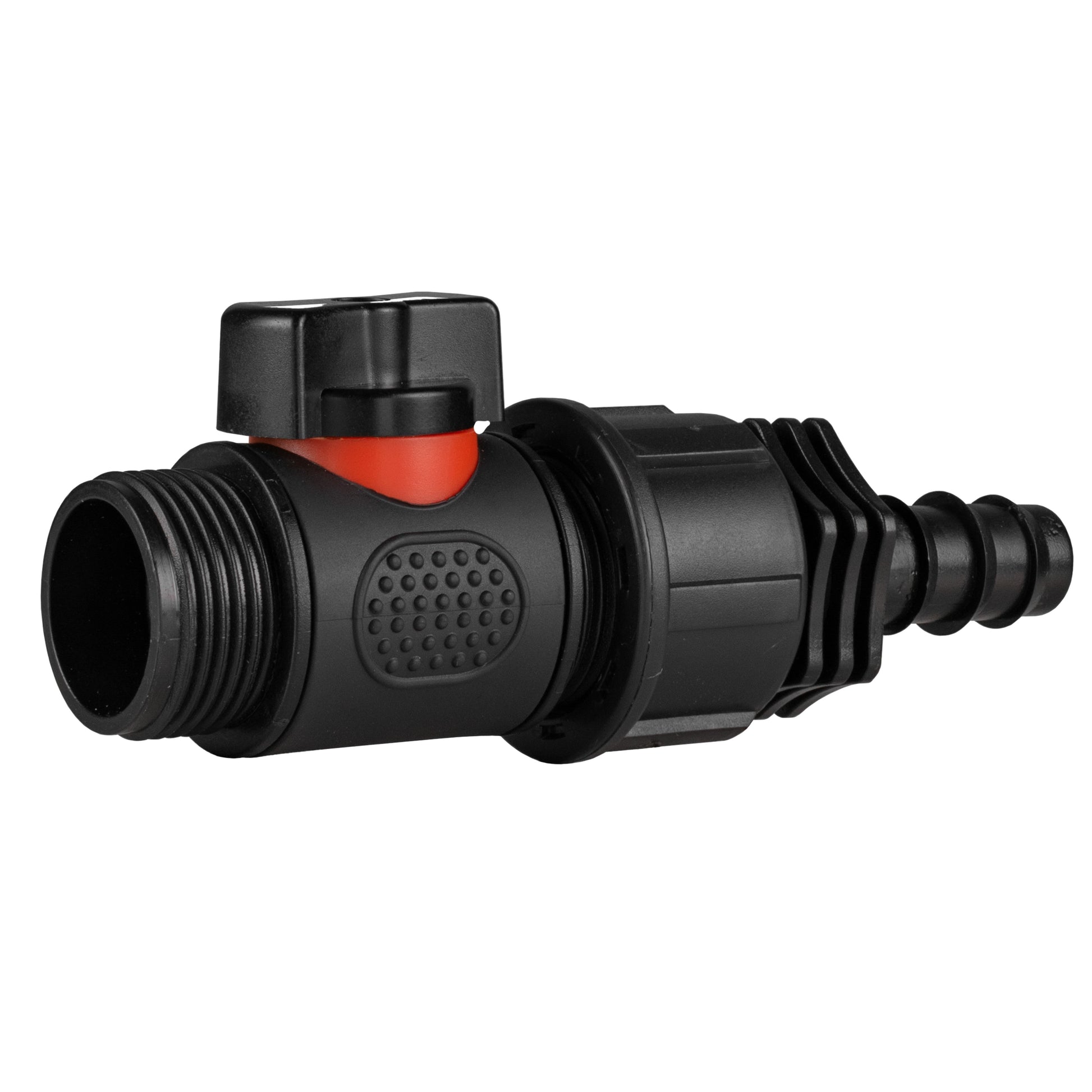 16mm straight barbed BSPP threaded valve, barbed ports and ribbed grip sections