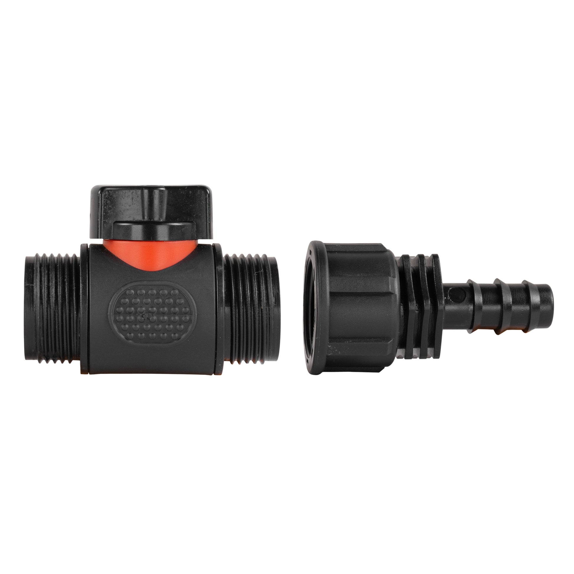 16mm straight barbed BSPP threaded valve, side view with barbed connector on right