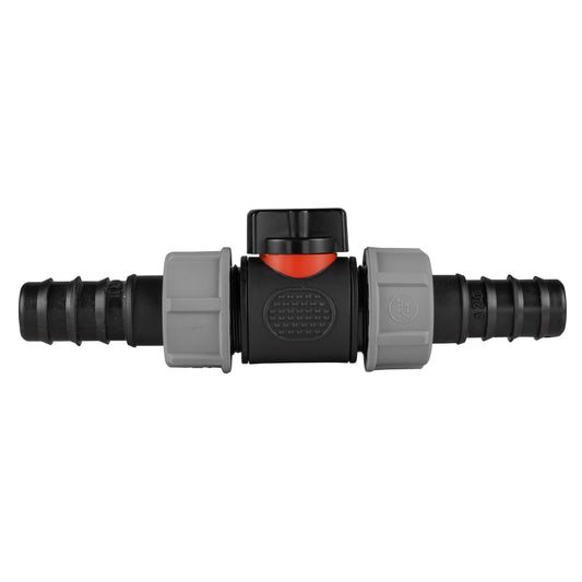 In-line BSPM valve with two 20mm barbed straight connectors, grey and black body