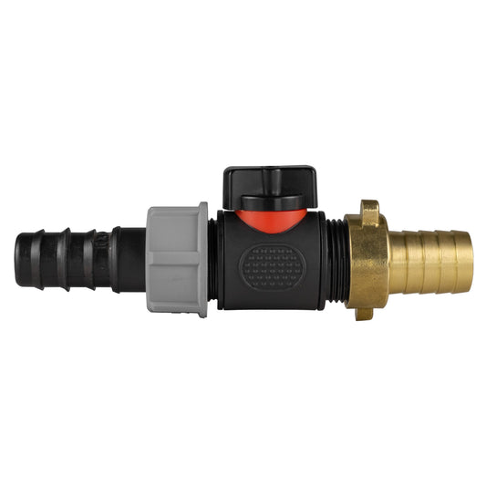 20mm straight hose barbed valve with in-line BSPM, black housing, red indicator, brass end