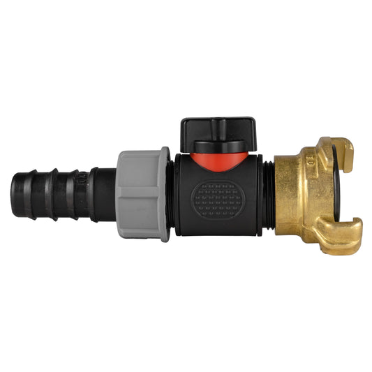 20mm barbed straight inline BSPM valve with Geka-style connector; black/red control