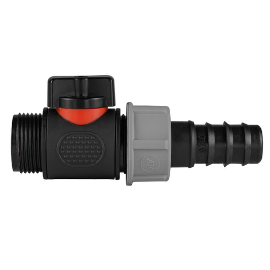 20mm barbed straight in-line BSPM threaded valve, black body with orange seal and gray coupler