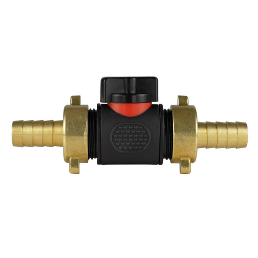 In-line BSPM valve with brass barbed connectors, black body and red indicator top