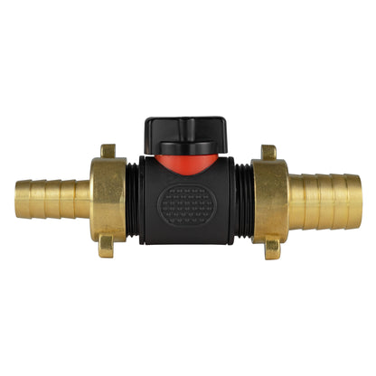 Brass barbed inline BSPM valve, 13mm and 19mm ports; black housing with red indicator