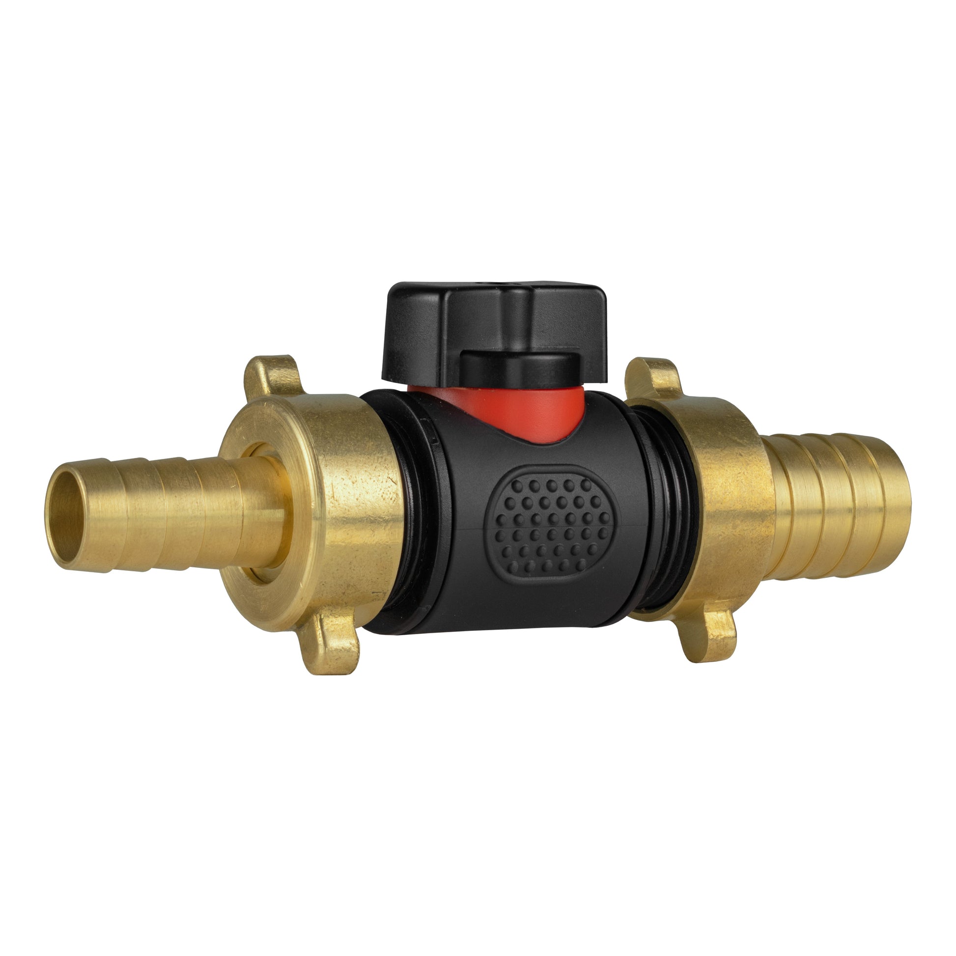 Brass barbed BSPM inline valve with 13mm and 19mm connections; black body and red insert