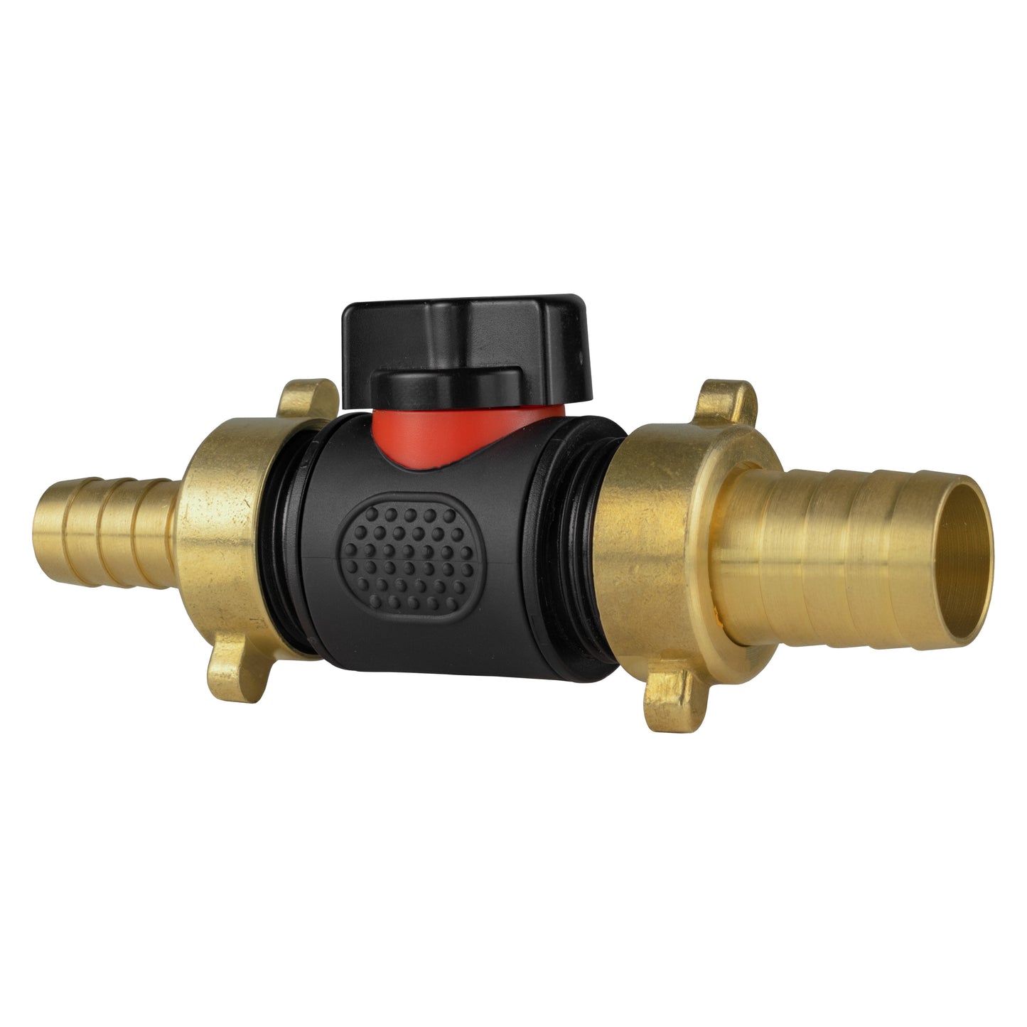 13mm/19mm brass barbed inline BSPM valve, black housing with red center and textured grip