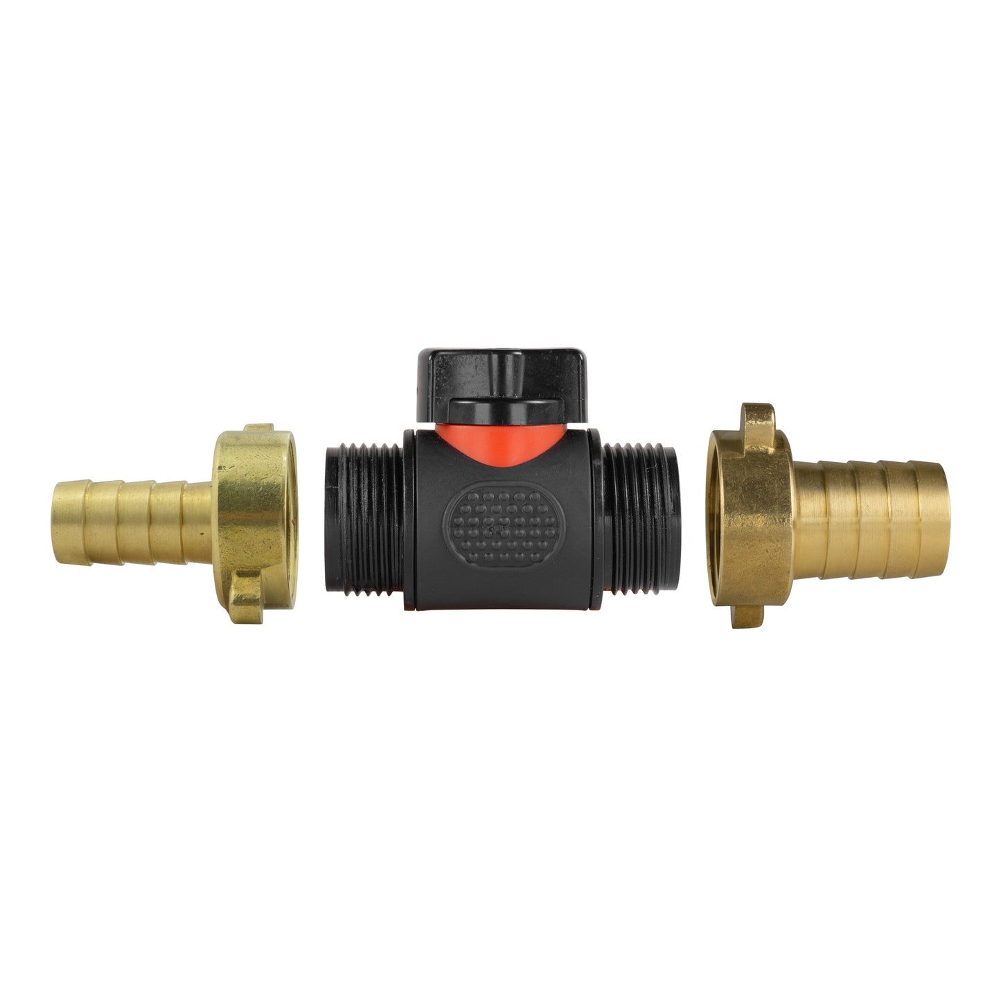 Inline BSPM valve with brass barbs (13mm and 19mm); black housing and red top