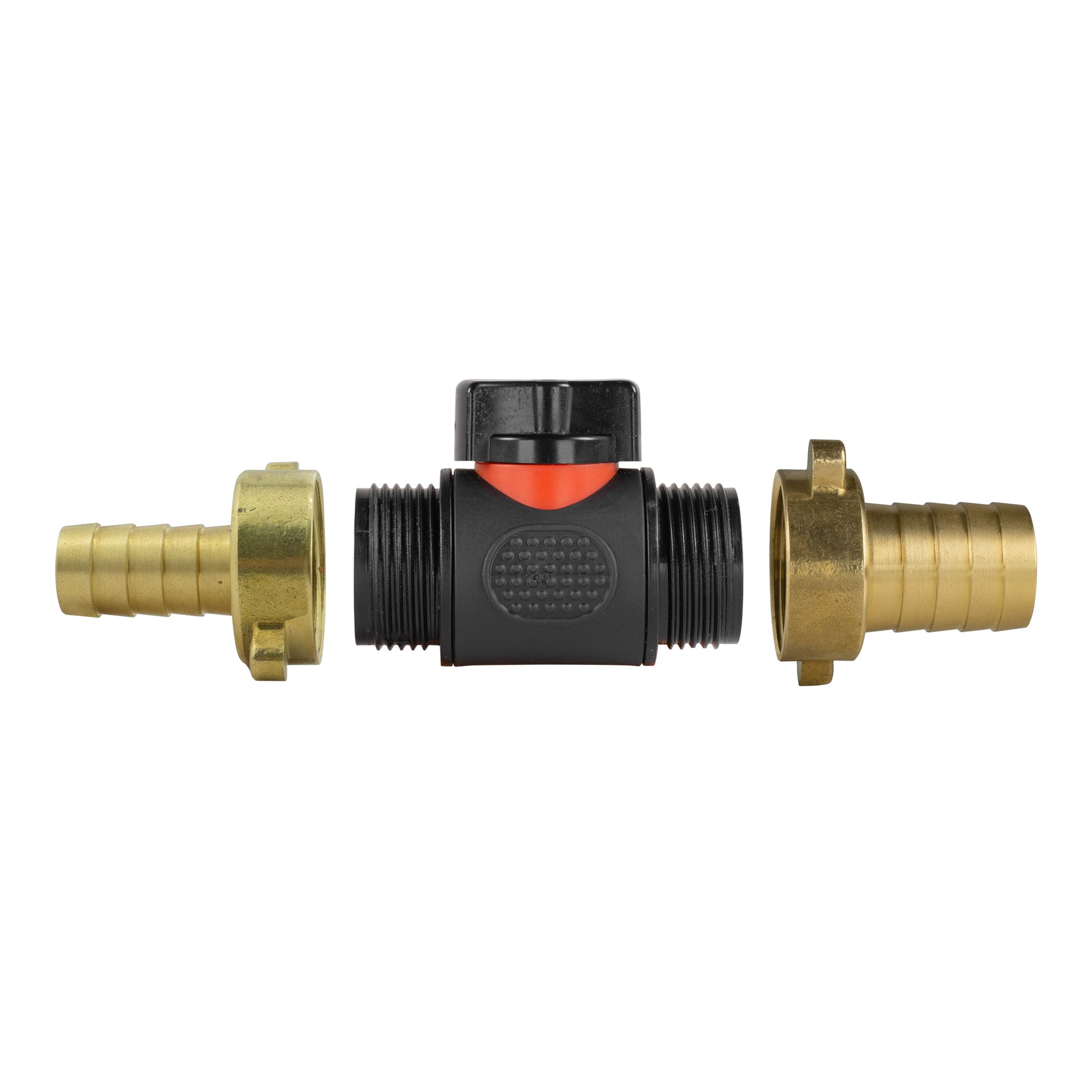 Inline BSPM valve with brass barbs (13mm and 19mm); black housing and red top
