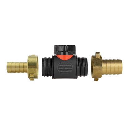 Inline BSPM valve with brass barbs (13mm and 19mm); black housing and red top
