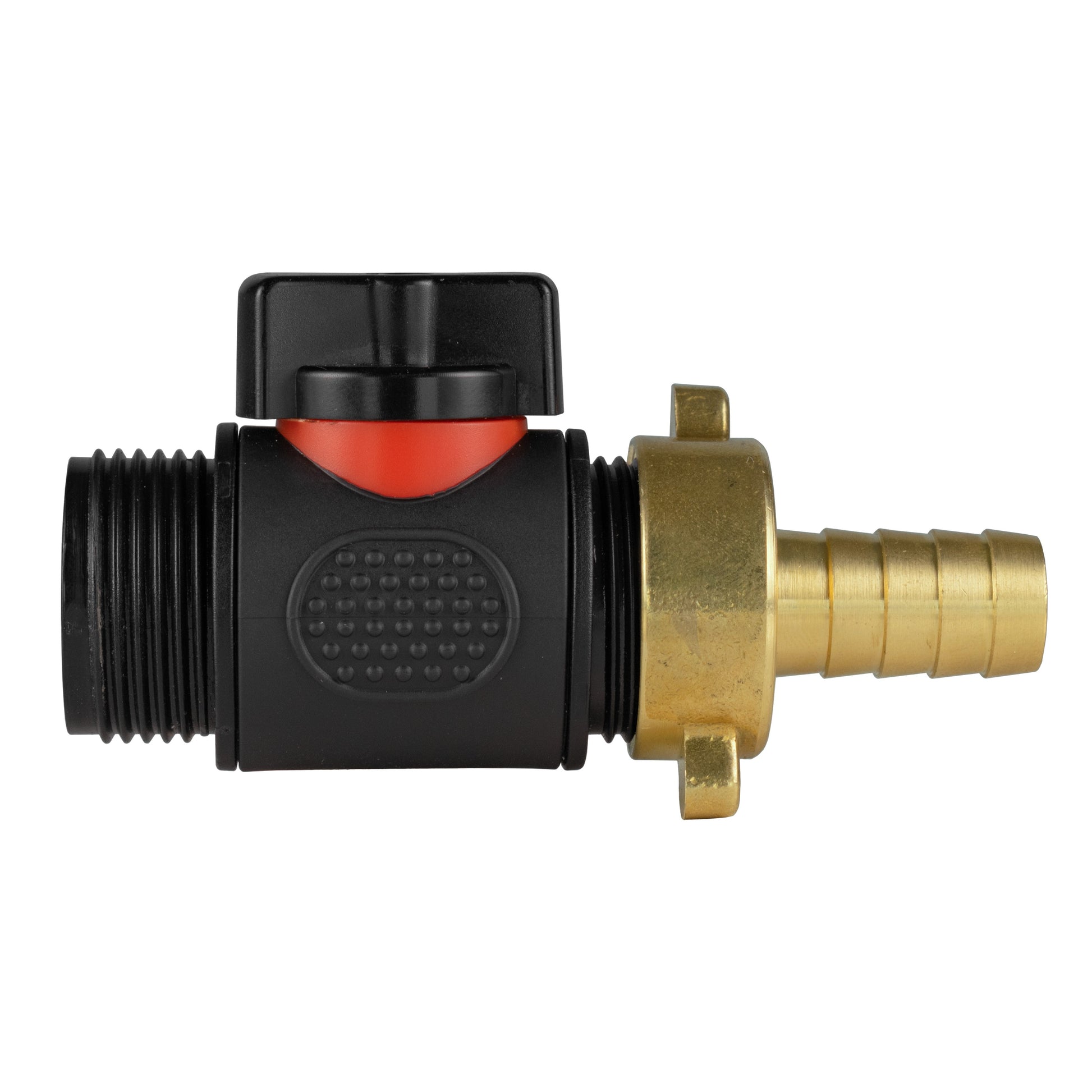 13mm brass barbed inline BSPM valve with black body, red handle, and brass fittings