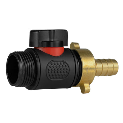 Black inline BSPM barbed valve with red selector and brass hose barb connector