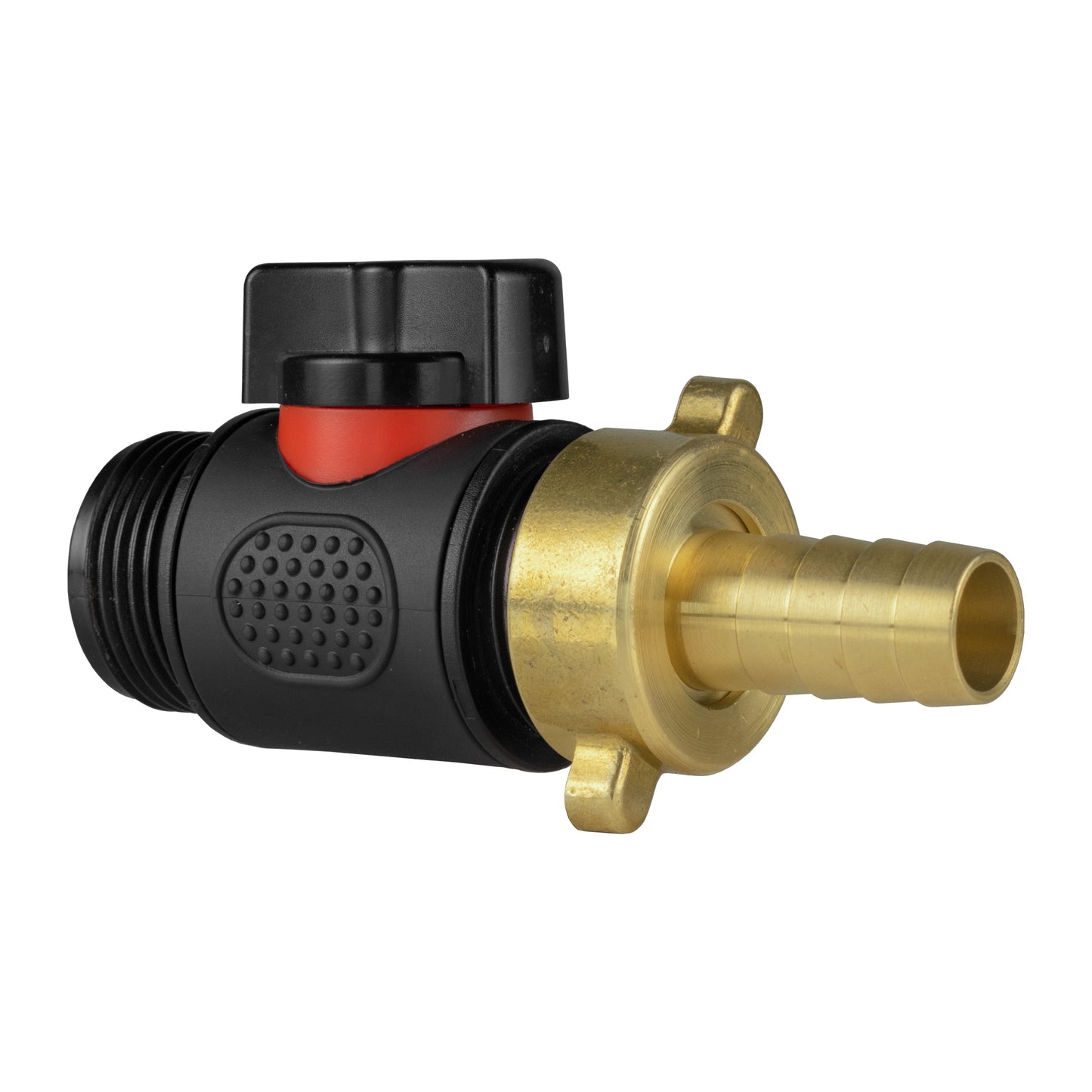 Black barbed inline BSPM valve with red top lever and brass outlet tube