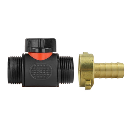 Inline BSPM barbed valve: black center with red cap and brass hose connection ends