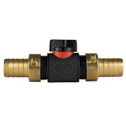 In-line BSPM valve with two brass barbed connectors, black body and red cap