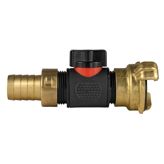 19mm brass barbed inline BSPM valve with black/red cap and Geka-style connectors