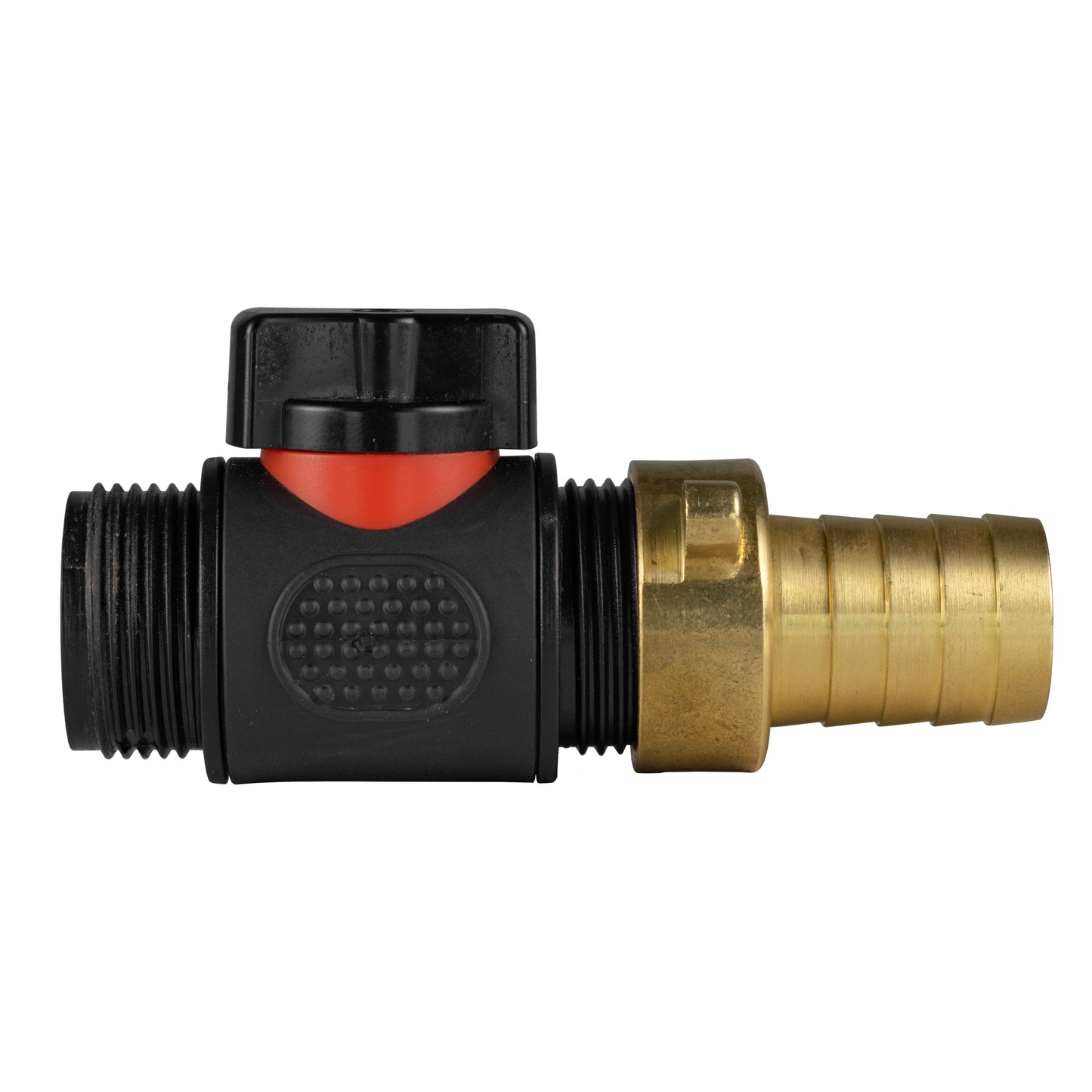19mm brass barb in-line BSPM threaded valve, black body with red seal and brass male fitting