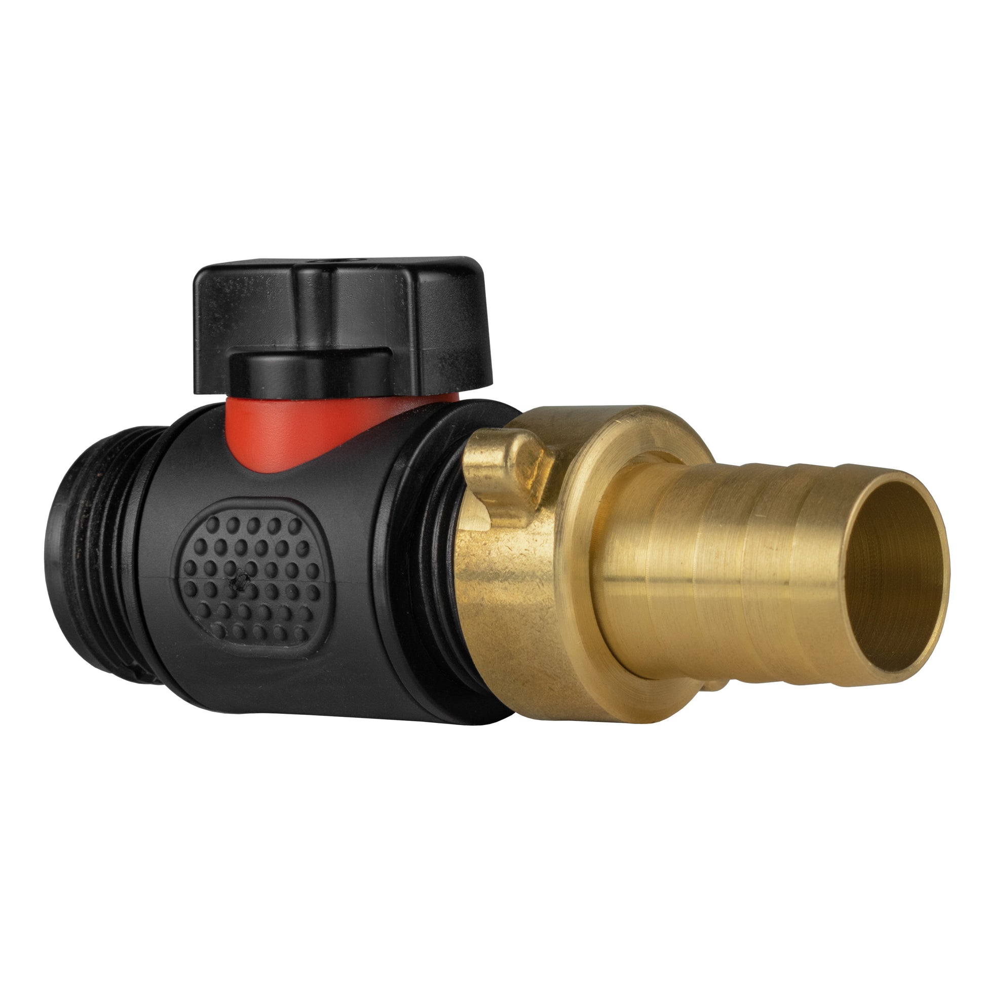 19mm in-line BSPM valve: black plastic housing, red insert, brass hose barb outlet