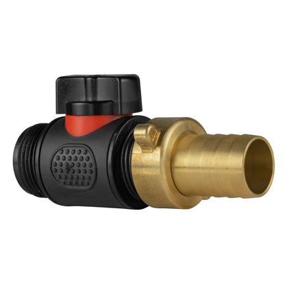 19mm in-line BSPM valve: black plastic housing, red insert, brass hose barb outlet
