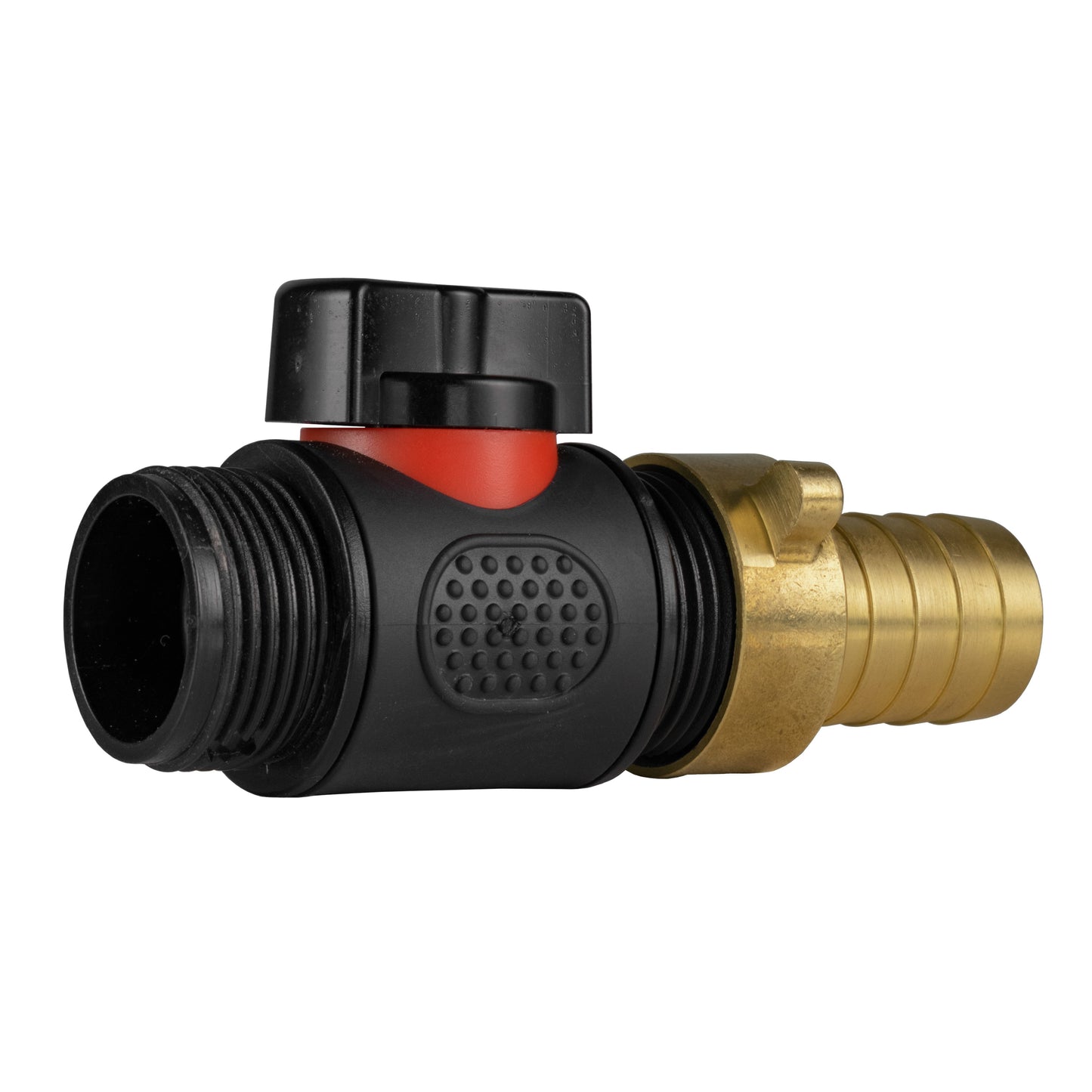 19mm brass barb BSPM in-line valve with black threaded ends and red central seal