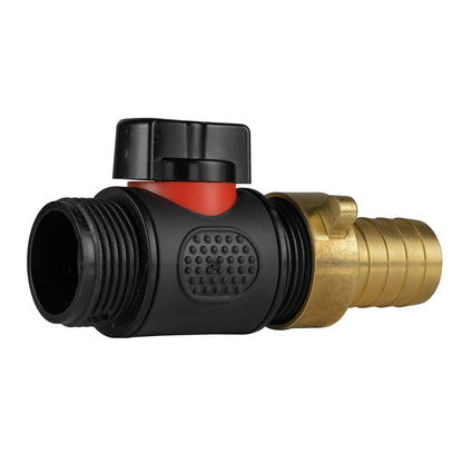 19mm brass barb BSPM in-line valve with black threaded ends and red central seal