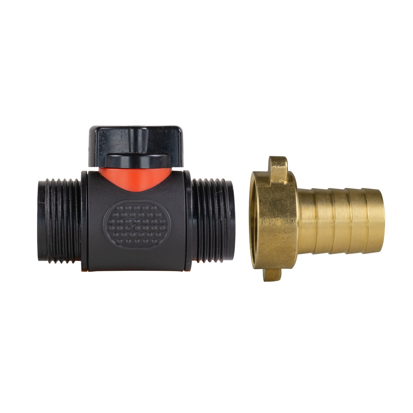 19mm in-line BSPM threaded valve, black center section with red seal and brass connector