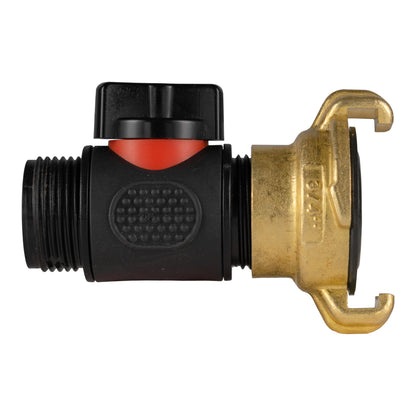 Inline BSPM threaded valve connector with black housing and red insert, brass fitting end