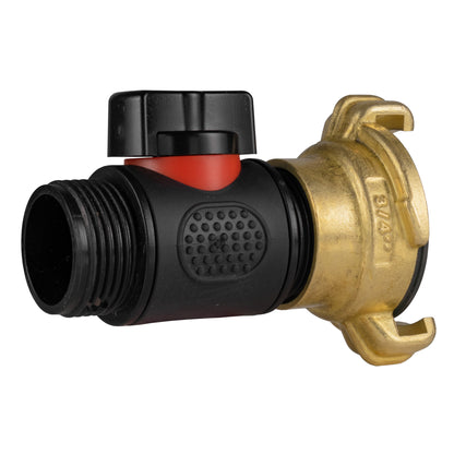 Black inline valve connector with red insert and brass BSPM threaded end