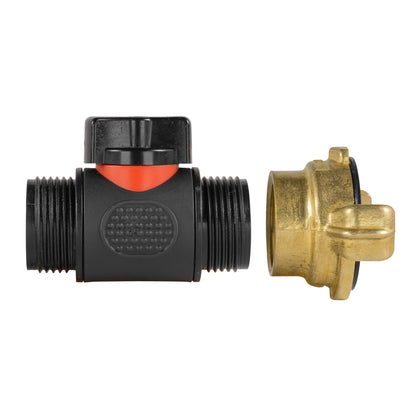 Inline connector with black threaded ports, red insert, and brass BSPM coupling
